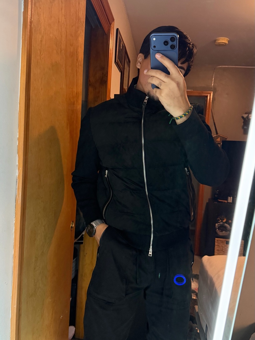 Suede Leather Black Quilted Puffer Jacket with Knit Sleeves and Goose Down - Picture 11 of 15